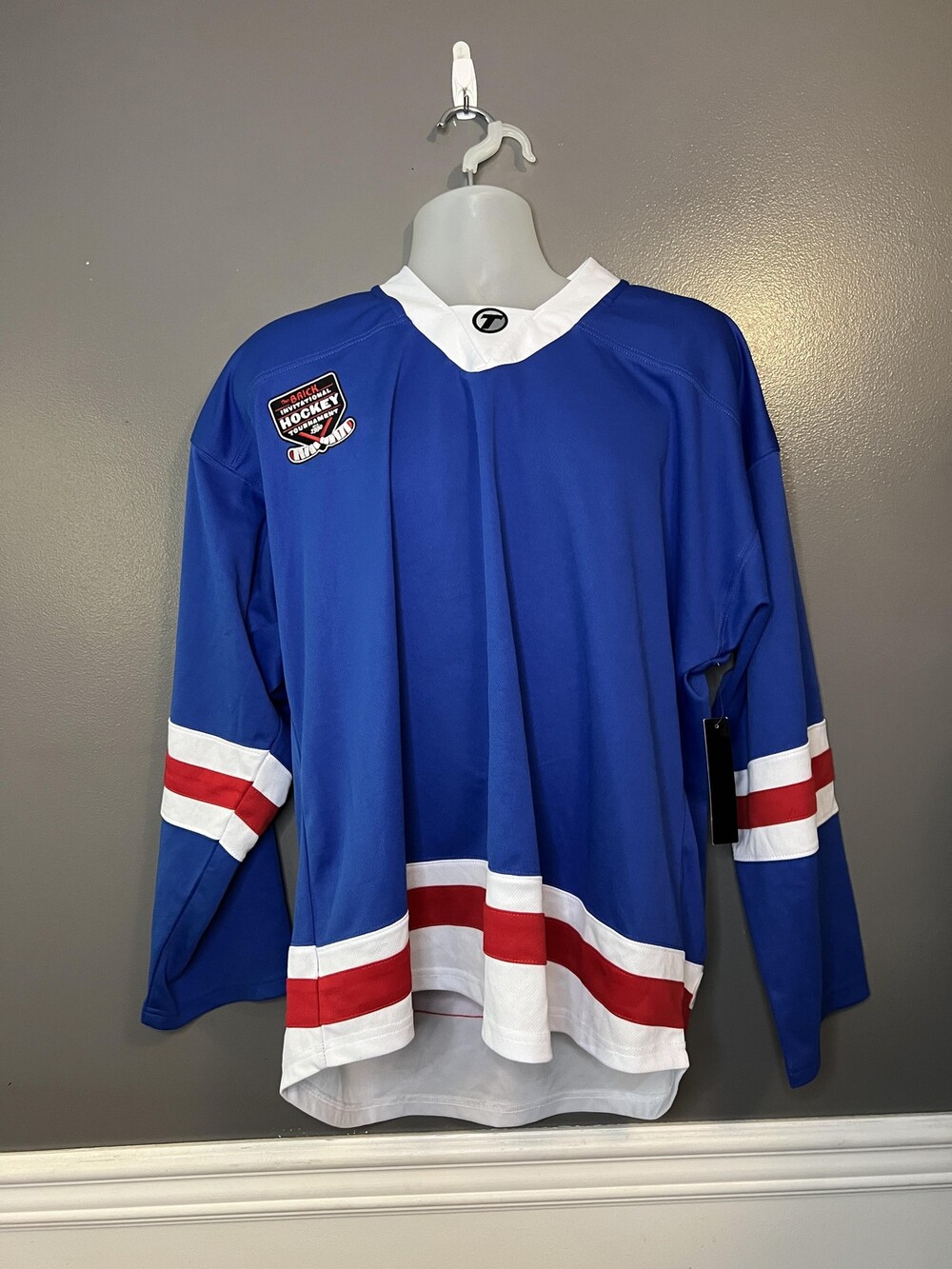 TRON Jersey Shirt Mens L XL Blue Red White Hockey Mesh V-Neck Long Sleeve New